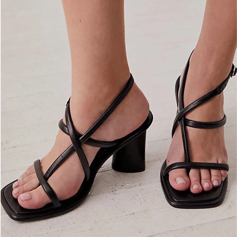 Free People Perth Black Leather Strappy Slingback Square Toe Block Heel Sandals